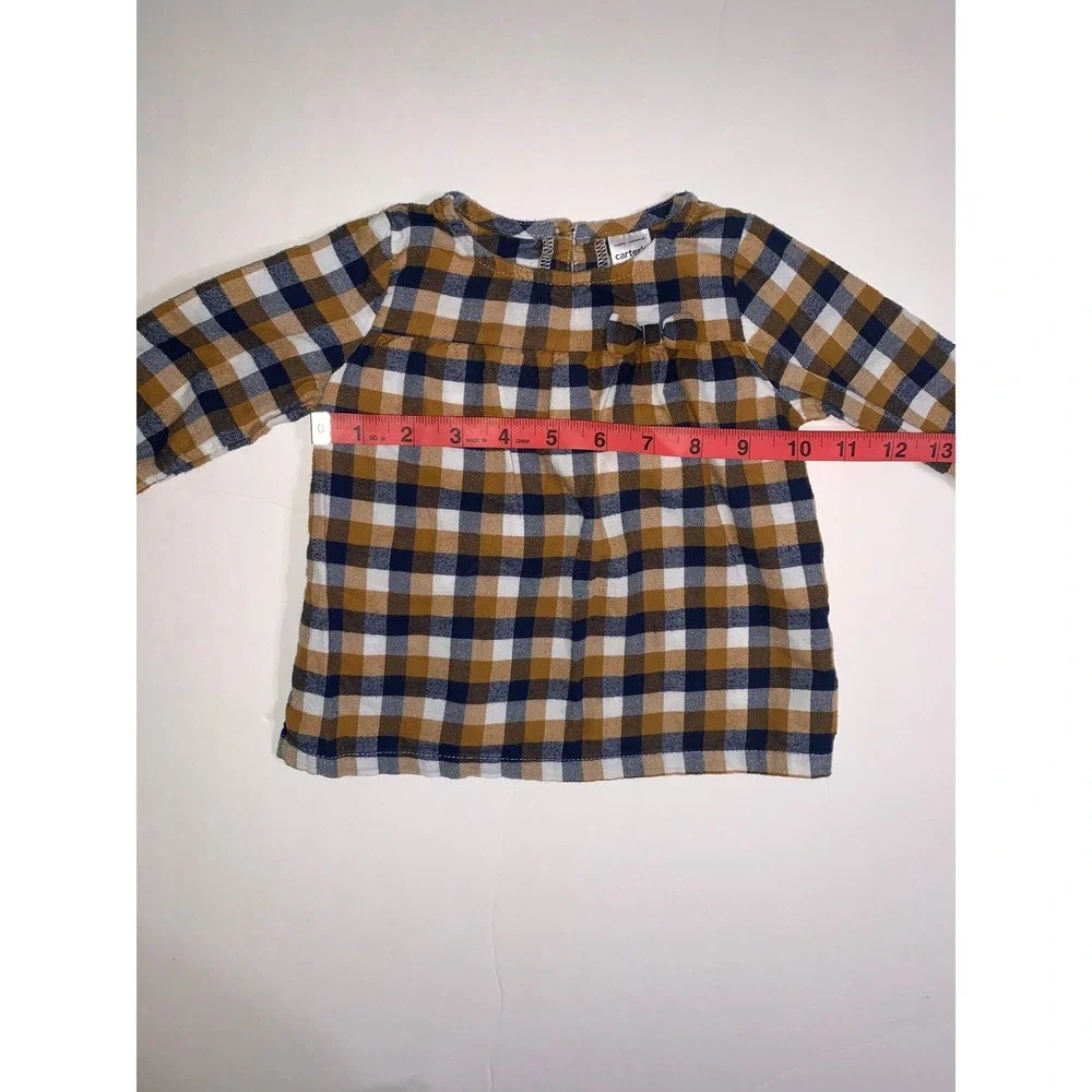 Carters 12M Mustard Yellow Navy Blue Gingham Plaid Long Sleeve Bow‎ Top 1J165910
